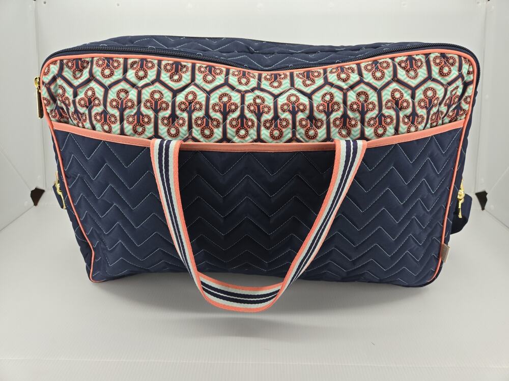 CINDA B Quilted Overnighter II Travel Duffel Navy Blue Chevron Pattern 19x13x5